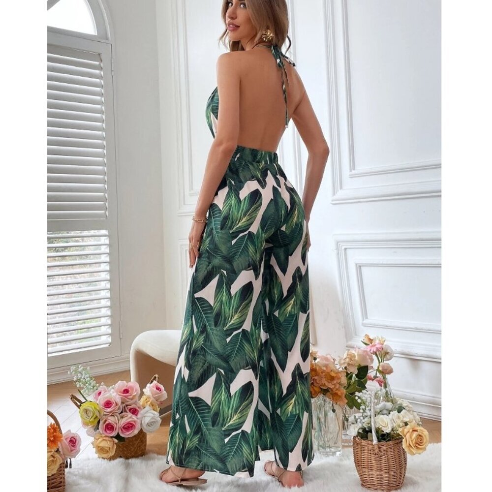 boho tropical print v neck sleeveless tank jumpsuit - Picture 2 of 2